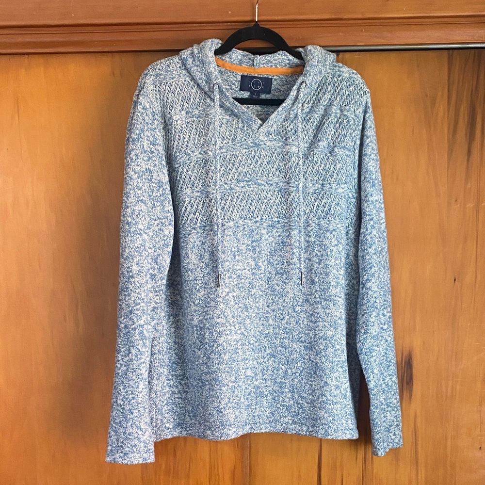 Men's Heather Blue White Knit Hoodie Sweater Drawstring Soft  Cotton Blend Cali